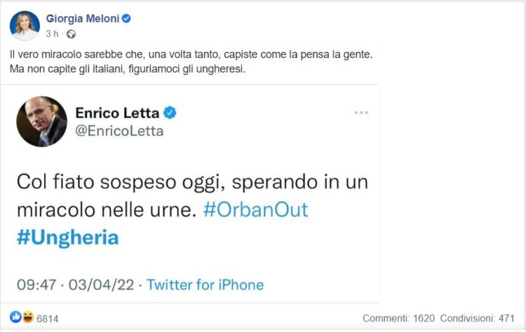 Giorgia Meloni contro Enrico Letta (screenshot Facebook)