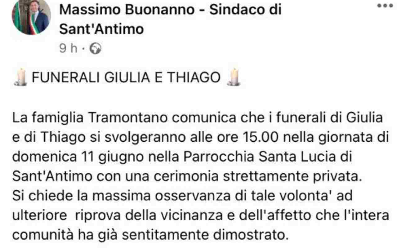 Domani i funerali di Giulia e Thiago, il post del sindaco di Sant'Antimo