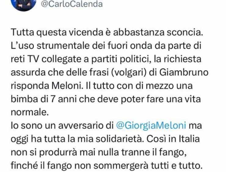 Caso Meloni-Giambruno, Calenda solidarizza e attacca Striscia La Notizia