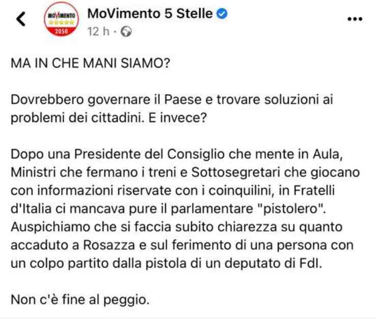 Caso Pozzolo, il duro post social del Movimento 5 Stelle