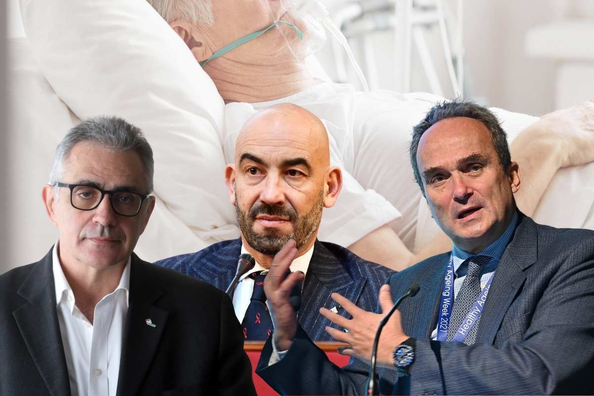 Un paziente in ospedale sullo sfondo e in primo piano il virologo Fabrizio Pregliasco e gli infettivologi Matteo Bassetti e Giovanni Di Perri