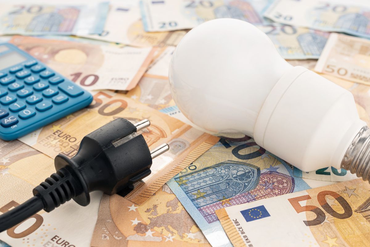 Una lampadina e una presa della corrente poggiati su banconote