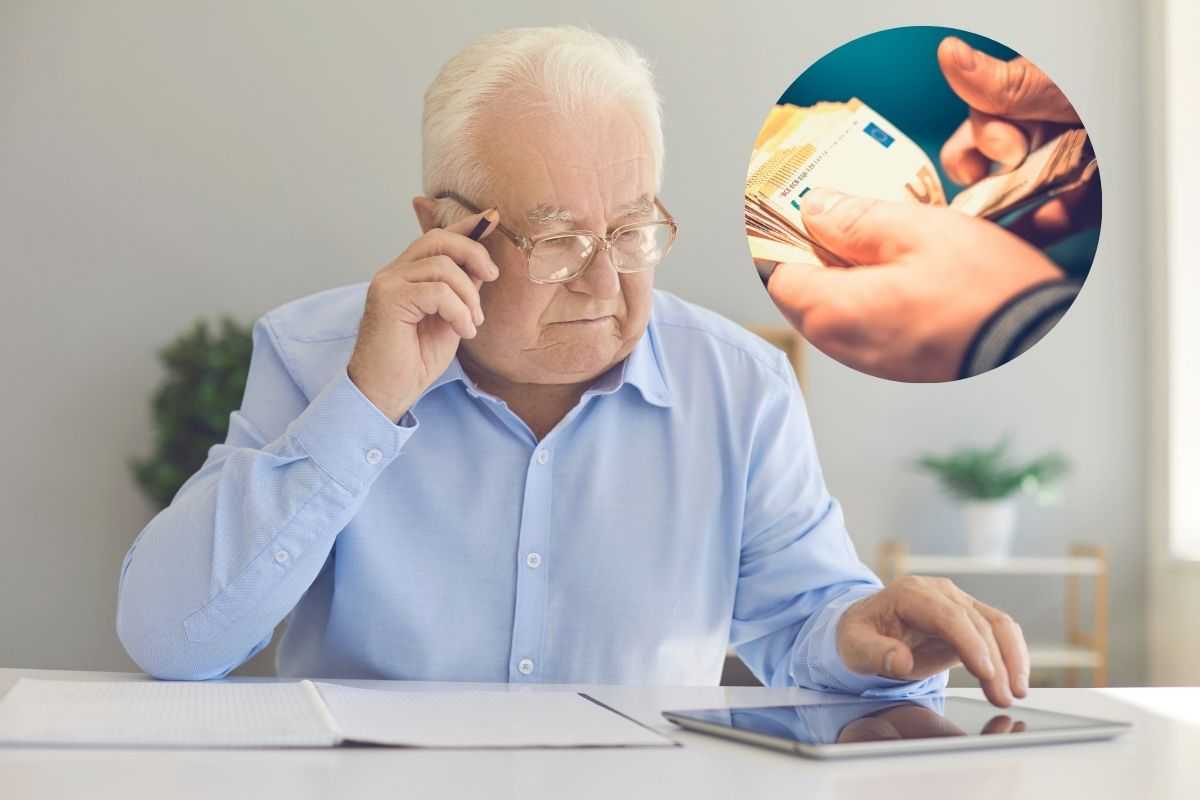 anziano guarda l'ipad e nel cerchietto dei soldi