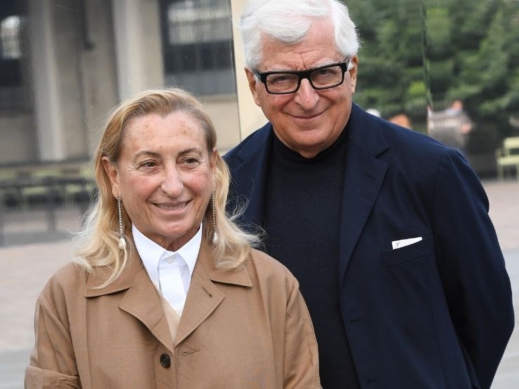 Miuccia Prada e il marito Patrizio Bertelli alla Fondazione Prada per la presentazione della settima edizione della sua Italian Opera Academy