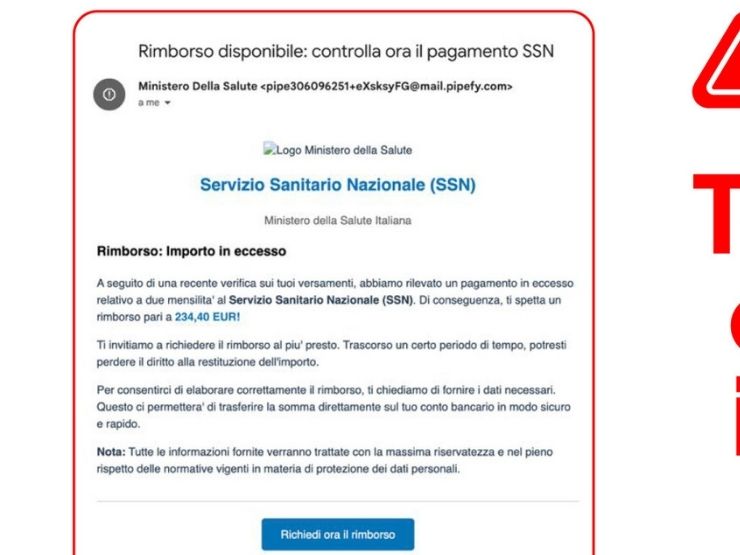 Testo della mail truffa a nome del Ministero della Salute