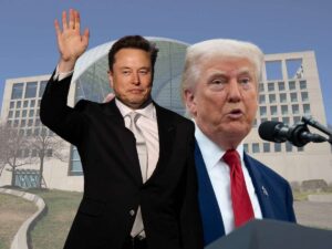 Sullo sfondo la sede del Doge e in primo piano Elon Musk che saluta Donald Trump e il presidente Usa