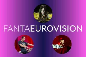 logo fantaeurovision e nei cerchi lucio corsi, tommy cash e gaby ponte