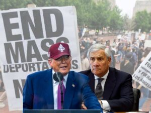Sullo sfondo uno striscione durante le proteste per le politiche migratorie di Trump. In primo piano, il capo della Casa Bianca e il ministro degli Esteri Antonio Tajani