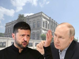 Sullo sfondo la sede dei negoziati in Turchia, in primo piano il presidente ucraino Volodymyr Zelensky e quello russo Vladimir Putin