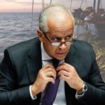 Il Ministro dell'Interno Matteo Piantedoosi, sullo sfondo migranti nel mar Mediterraneo