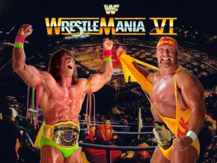 La locandina di Wrestlemania con Hulk Hogan sulla destra di chi guarda