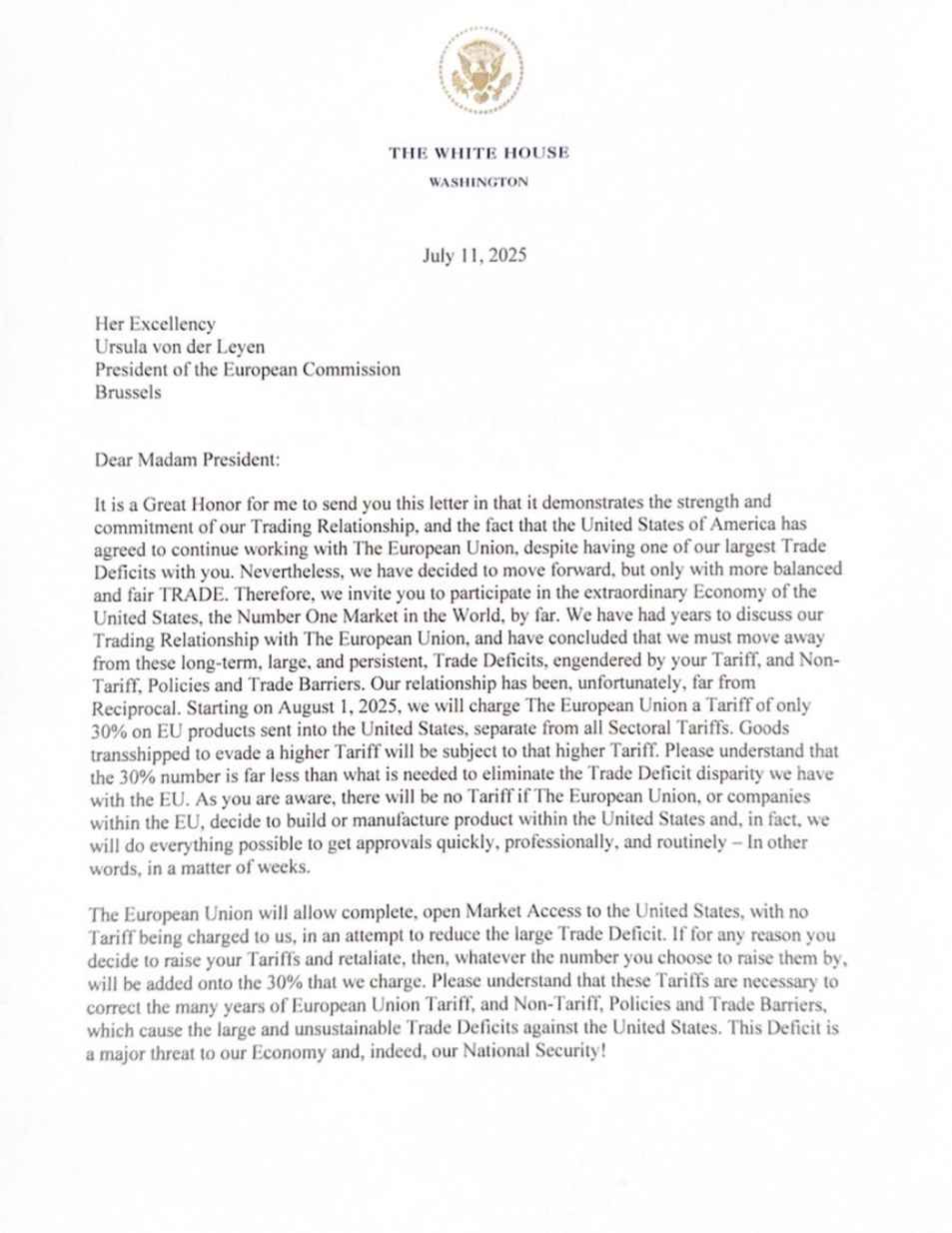 La lettera sui dazi che Trump ha inviato all'Europa