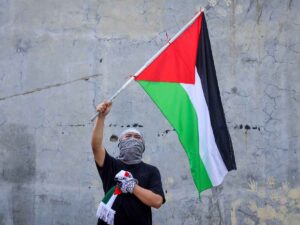Un manifestante con la bandiera della Palestina