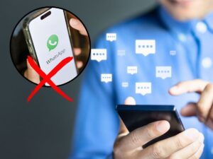 sfondo persona che chatta e tondo con cellulare con logo WhatsApp e X rossa