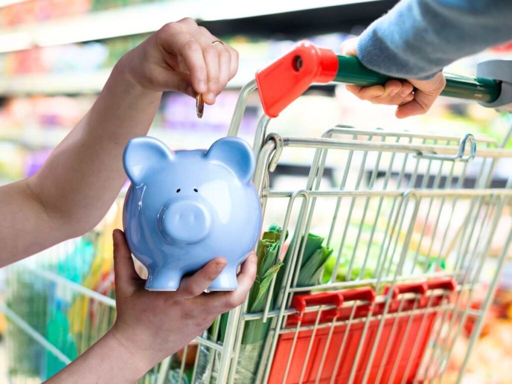 sfondo persona con carrello al supermercato e mani con salvadanaio porcellino