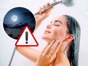 sfondo donna che fa la doccia e tondo con notte e cartello di pericolo