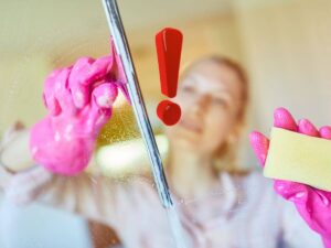 sfondo donna che pulisce vetri da aloni e punto esclamativo