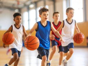 Bambini in palestra giocano a basket