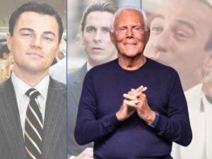 Giorgio Armani, sullo sfondo alcuni degli attori che ha vestito