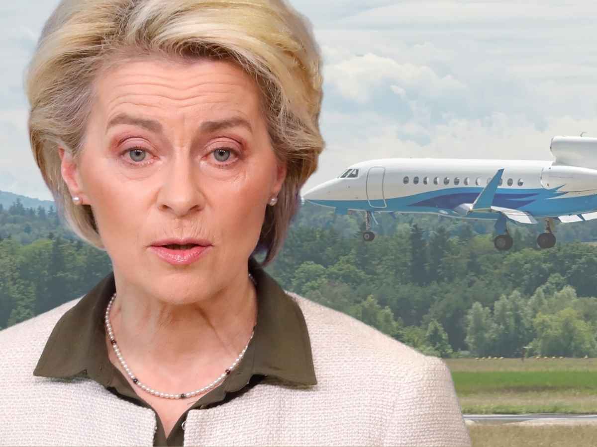 Ursula von der Leyen, sullo sfondo il Falcon