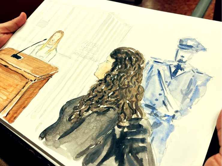 Chiara Petrolini disegnata al processo