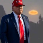 Il presidente Donald Trump e un Ufo sullo sfondo