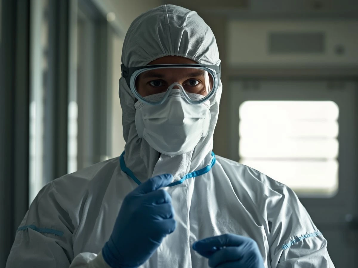 Operatore sanitario indossa dispositivi di protezione individuale per il biocontenimento